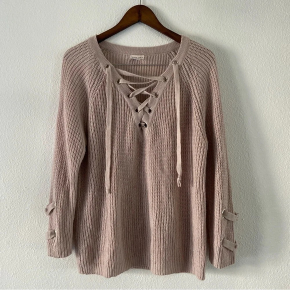 Lace Up Sweater Dusty Rose Pink Cozy Chunky Knit Medium Winter Fall Everyday - Picture 13 of 13